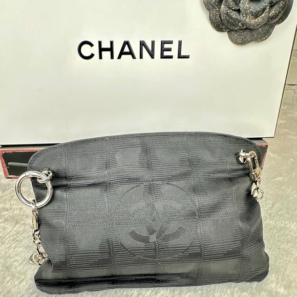 CHANEL Black Canvas New Travel Line Pouch wristlet, Crossbody Bag with Chains - Picture 8 of 16